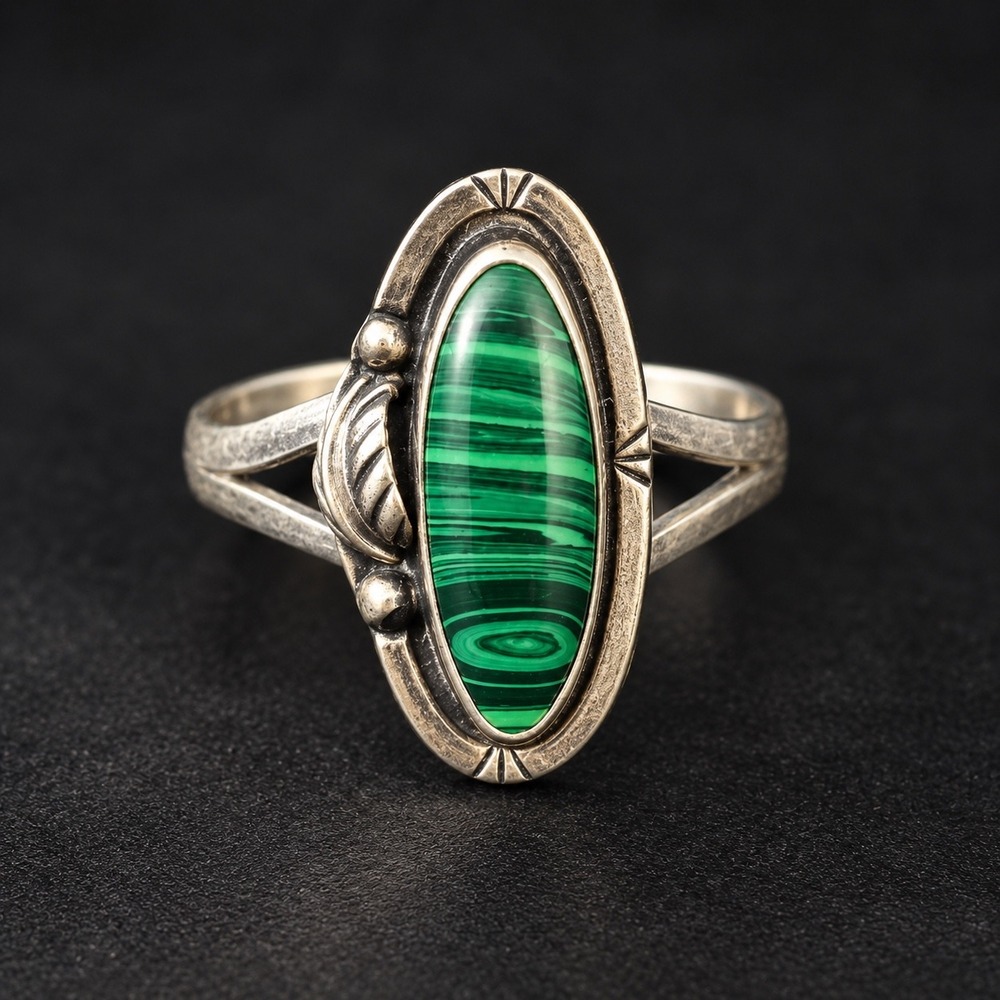Vintage FIS Sterling Silver Malachite Ring Size 12.5 Southwestern Leaf Stamped